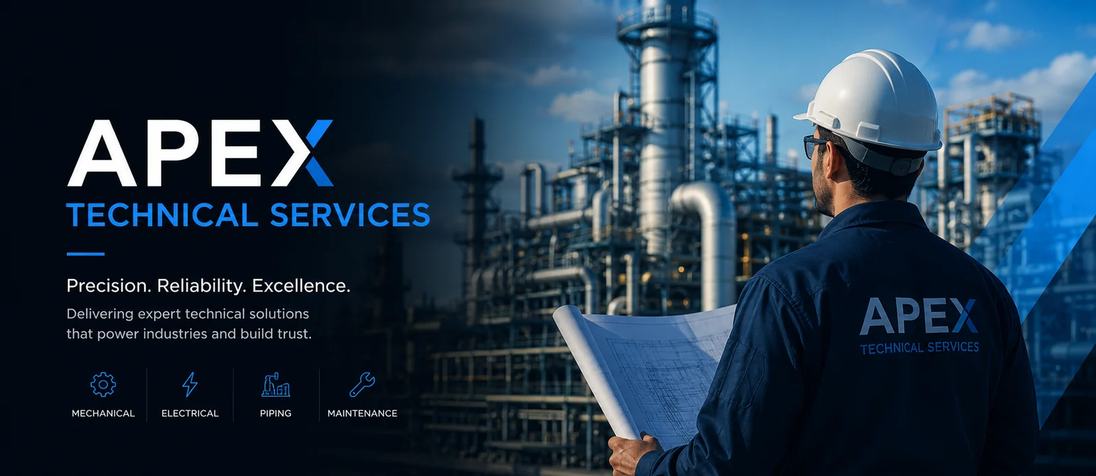 Apex Technical Services — an engineer in a hard hat reviewing blueprints at an industrial plant, beside the Apex logo and service areas