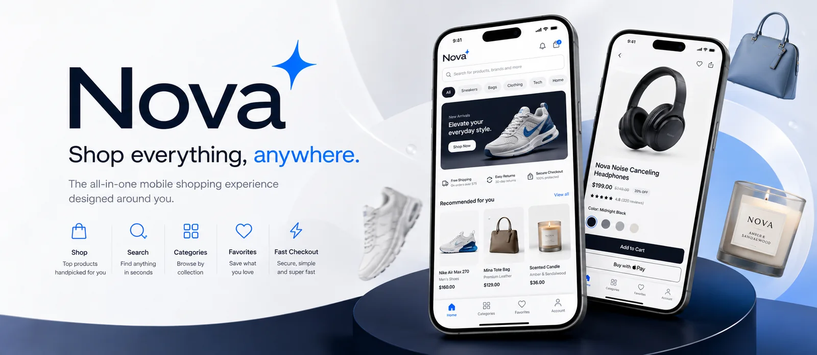 Nova Mobile — a cross-platform Expo and React Native shopping app running the Nova storefront on iOS and Android.