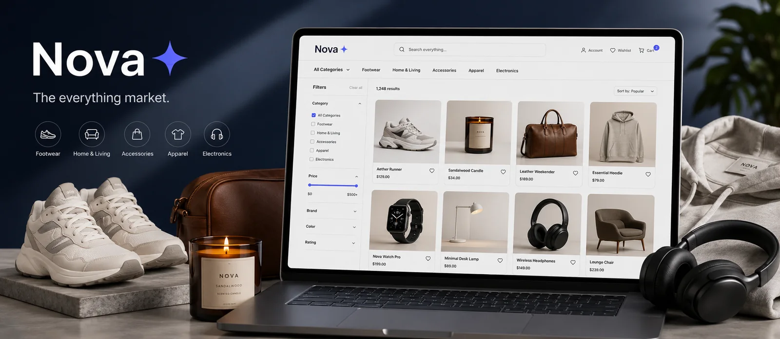 Nova web marketplace — a laptop showing the Nova storefront with product grid, category filters and search